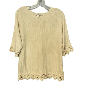 Coldwater Creek Women’s Pullover Top PS Tan Linen Blend Lace Trim 3/4 Sleeve